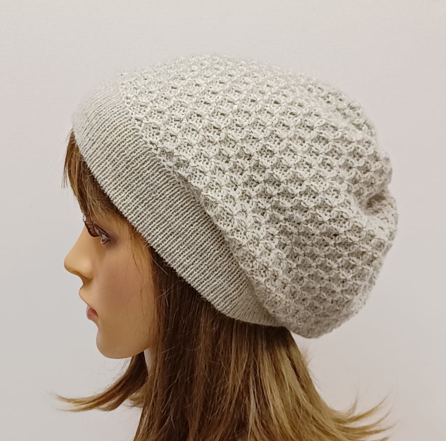 Perl grey alpaca knitted hat, handmade tam, baggy beret for women