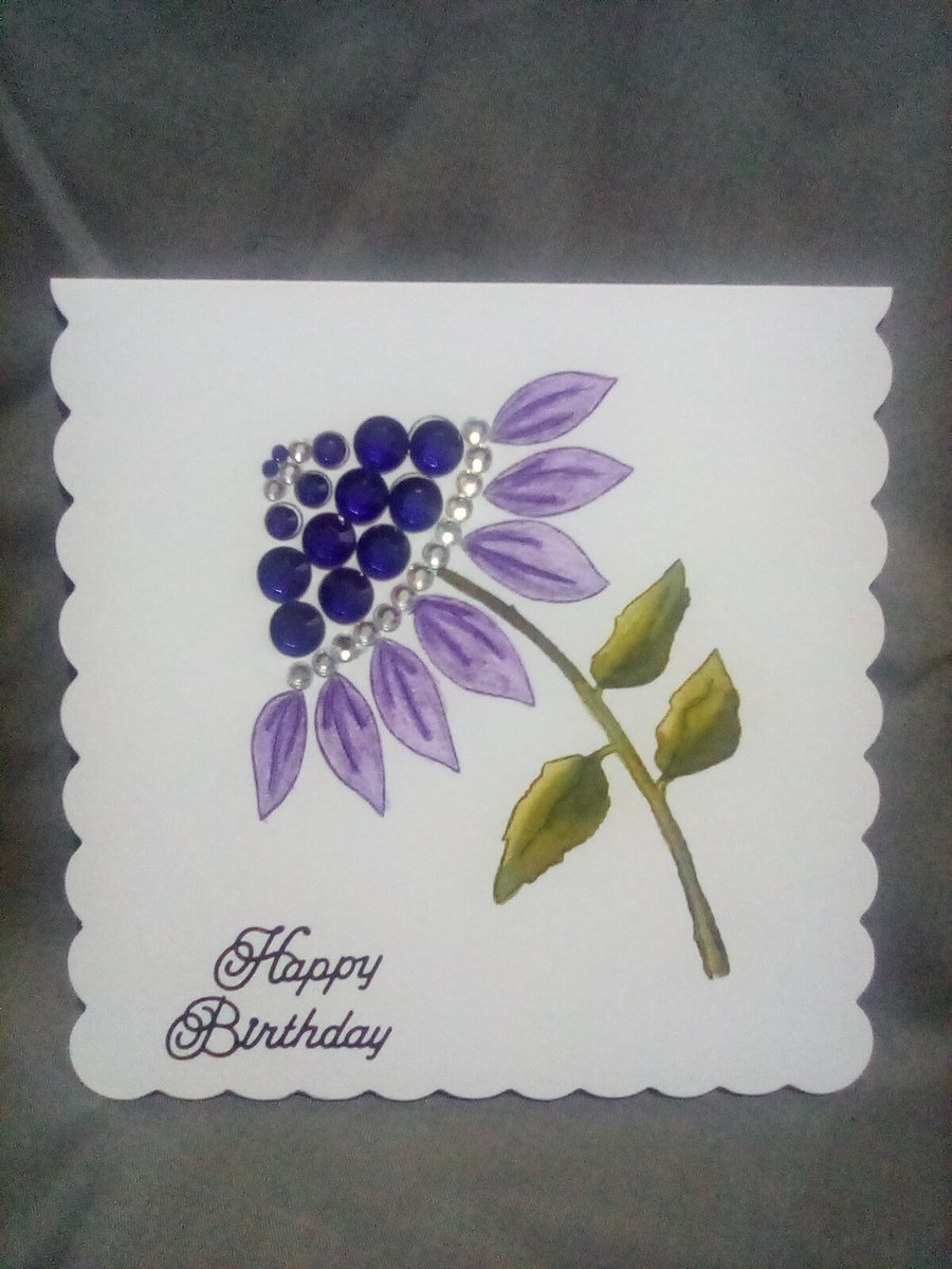 Purple floral watercolour and embellished handmade Birthday card