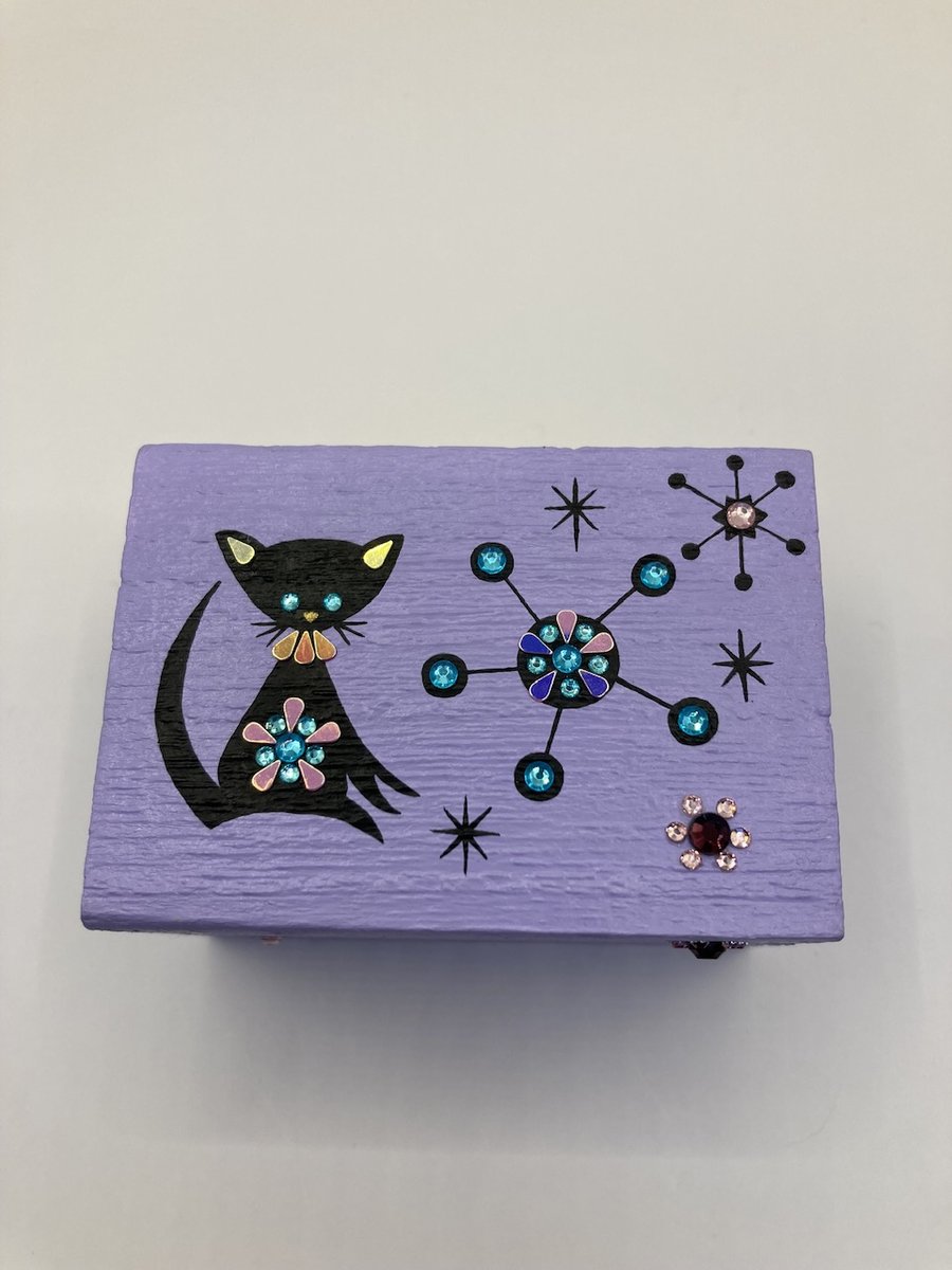 Hand Painted Enid Collins Style Black Cat Trinket Box 