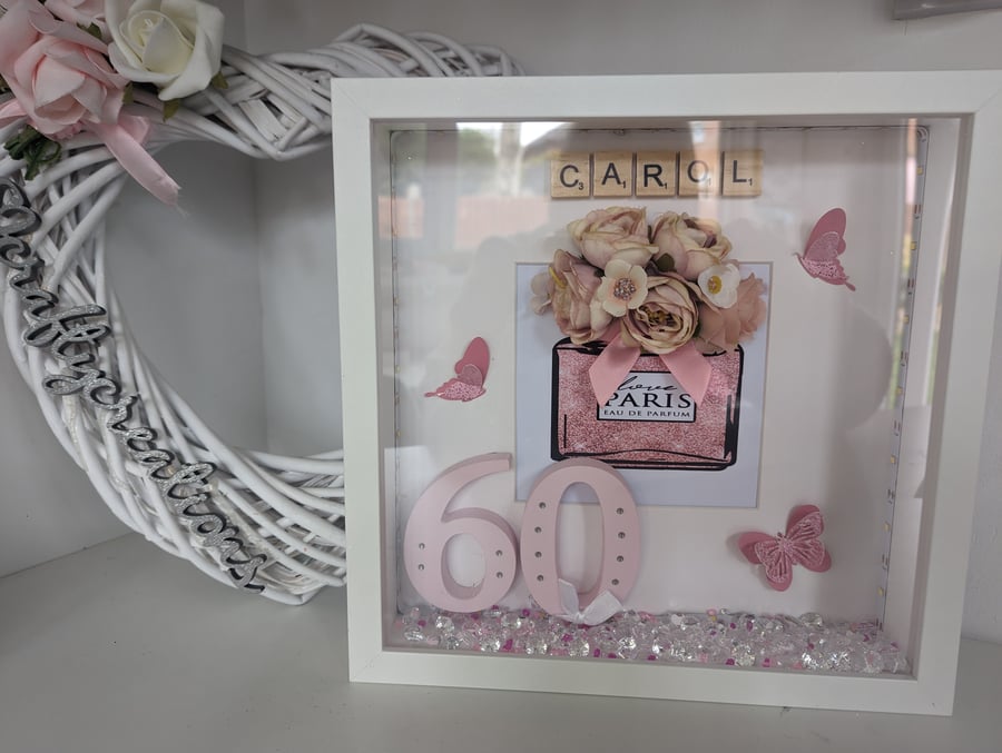 Personalised Box Frame, 60th, Birthday, Pink, Flowers, Handmade, Unique, 