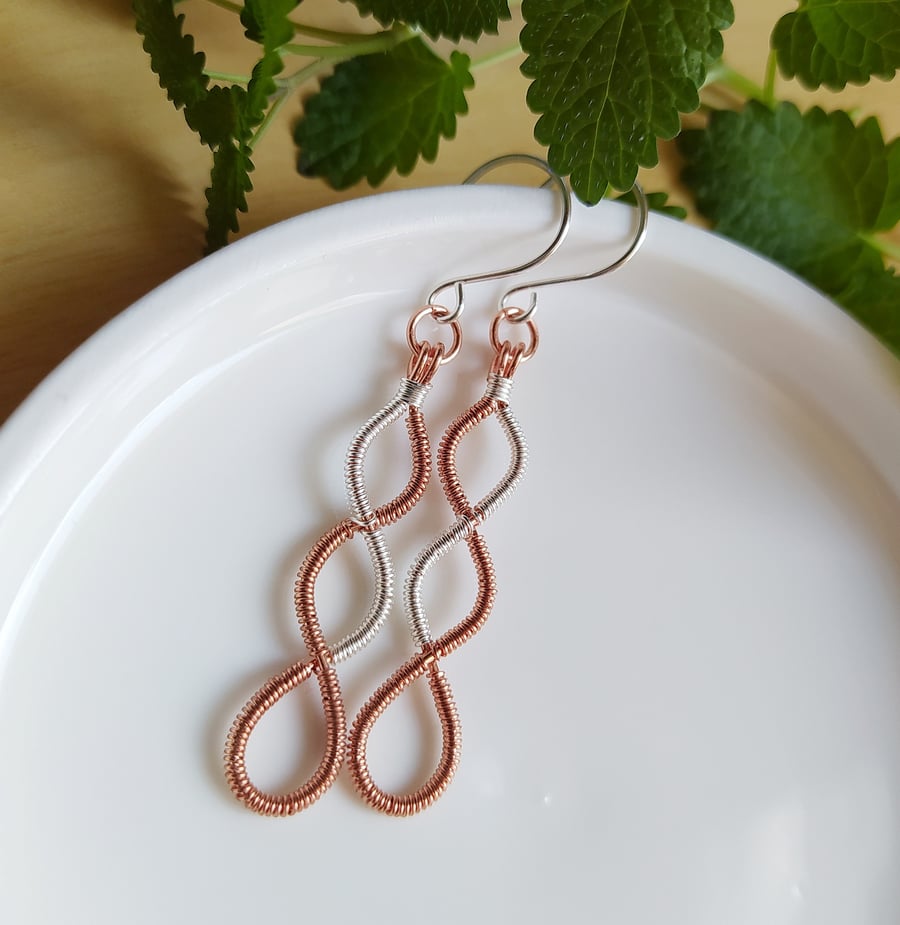 Infinity Twisted Two Tone Wire Wrapped Drop Earrings  