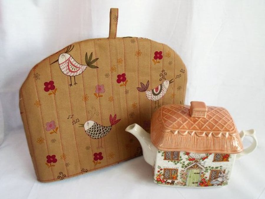 quilted bird tea pot cozy to keep your brew warm, brown cotton