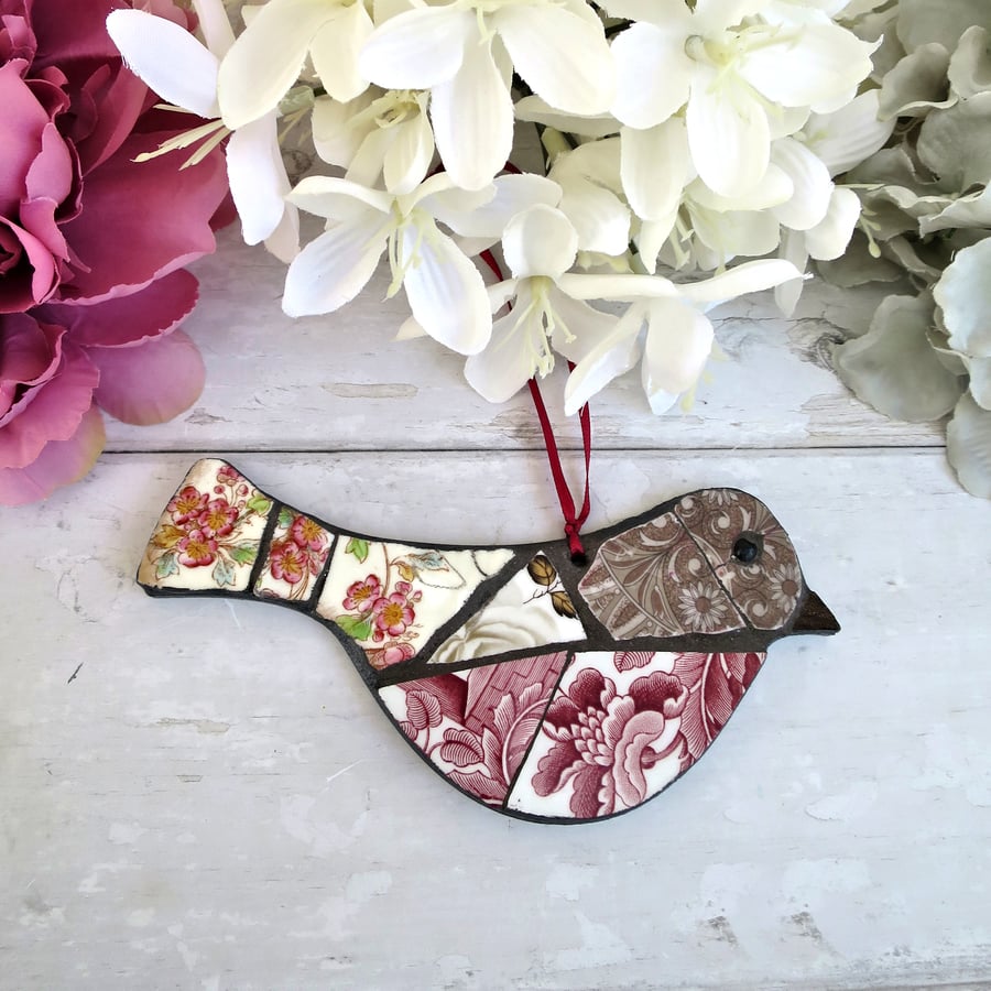 Vintage Mosaic Robin, Handmade Bird Wall Decoration with Recycled China