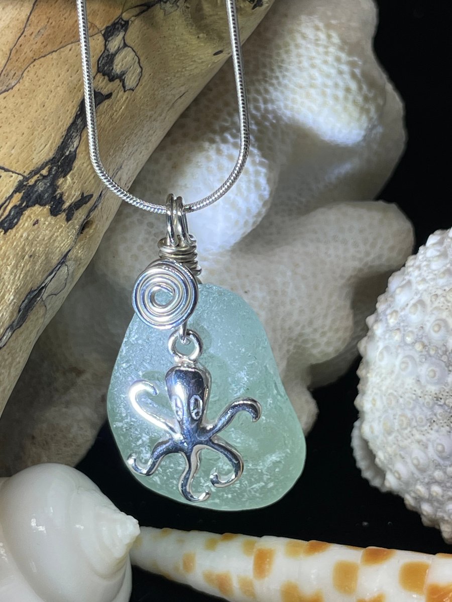 Sea Glass & Sterling Silver Octopus Necklace