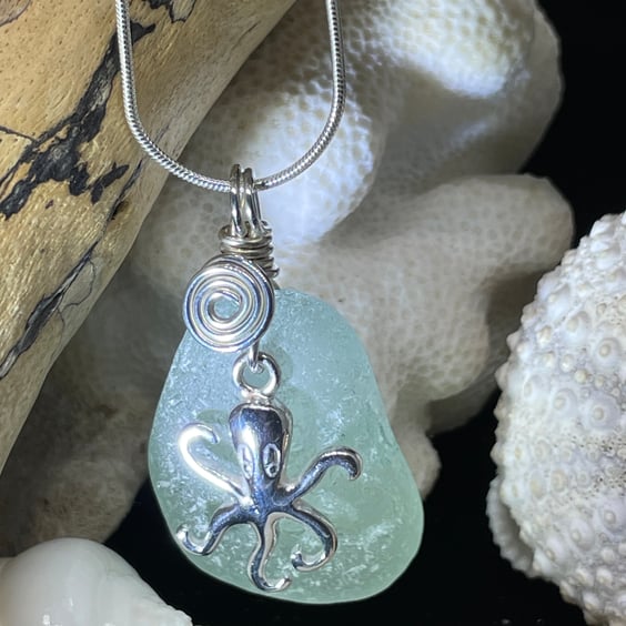 Sea Glass & Sterling Silver Octopus Necklace