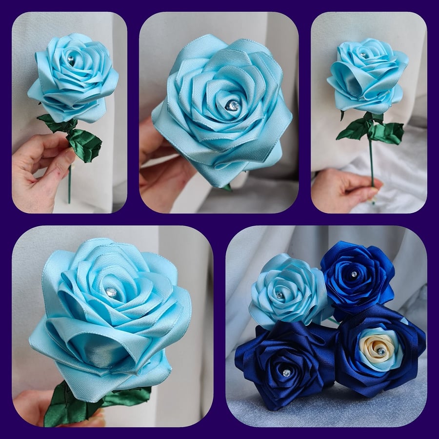 Gorgeous Handmade Baby Blue Ribbon Rose - Long Stem Artificial Flower Gift
