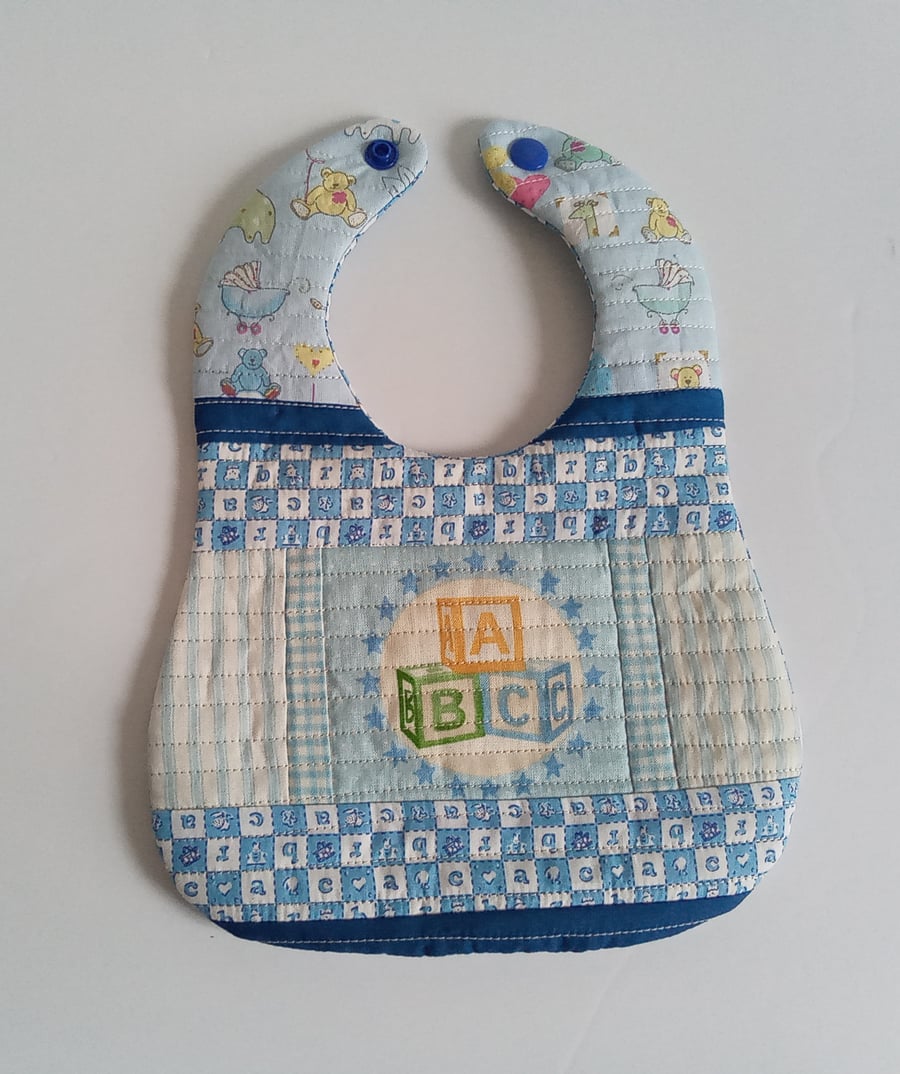 Blue Patchwork, quilted, OOAK,  reversible bib, ABC, alphabet, newborn boy baby