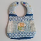 Blue Patchwork, quilted, OOAK,  reversible bib, ABC, alphabet, newborn boy baby