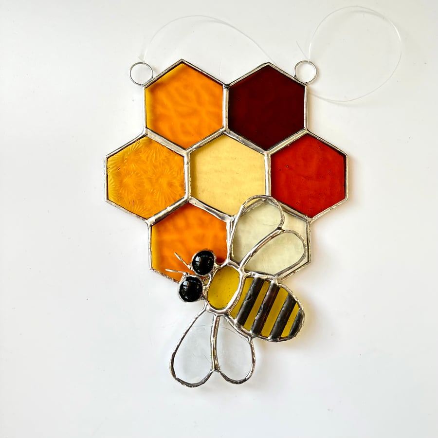 Stained Glass Honeycomb and Bee Suncatcher - Handmade Window Decoration - Amber
