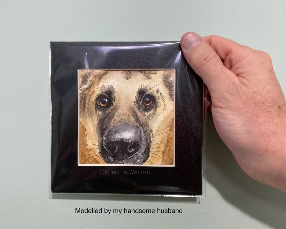 Small Watercolour Original Painting of German Shepherd Dog for 6" Frame