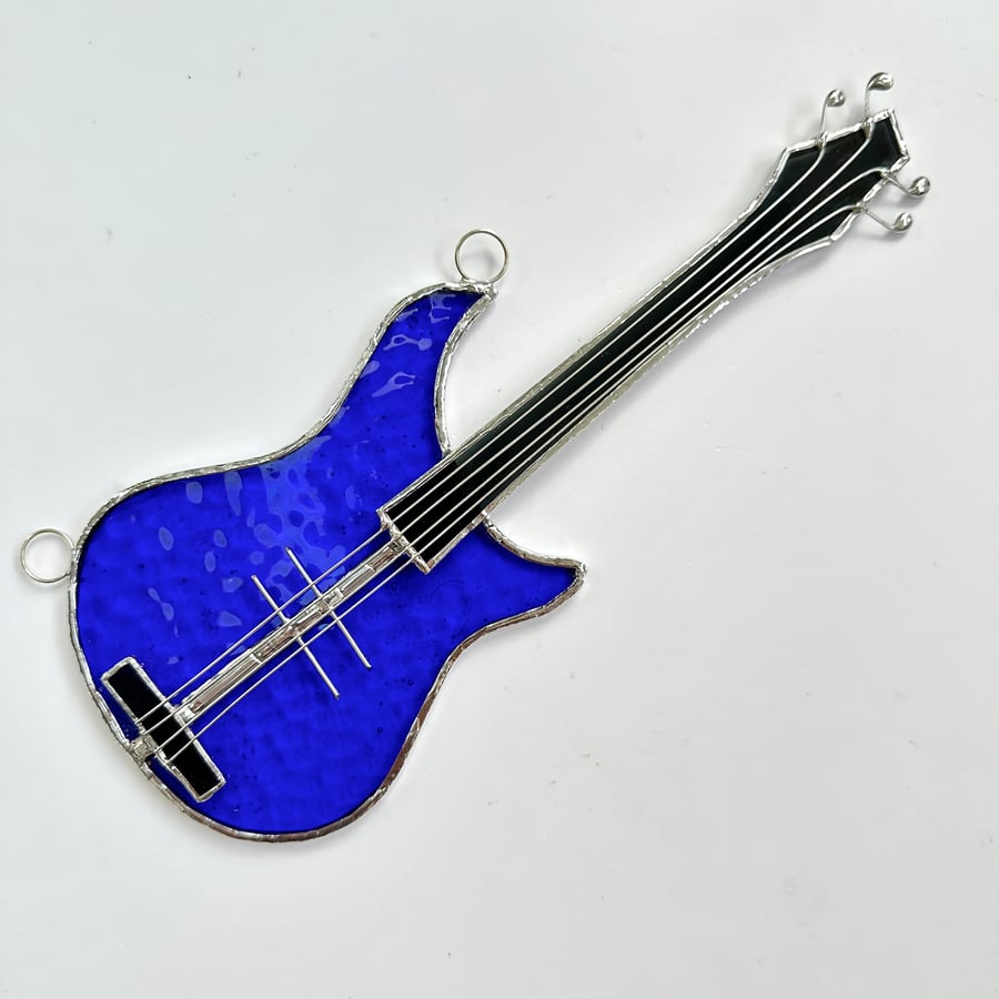 Stained Glass Bass Guitar Suncatcher - Handmade Hanging Decoration - Blue
