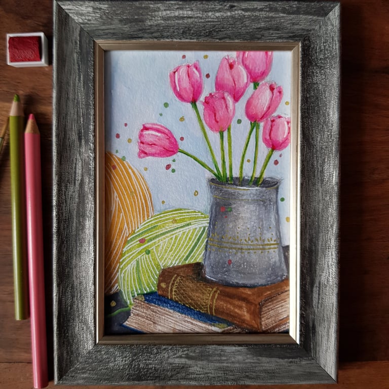 Pink tulips, books and yarn - framed original artwork