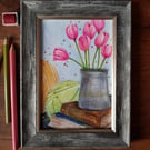 Pink tulips, books and yarn - framed original artwork