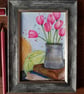 Pink tulips, books and yarn - framed original artwork