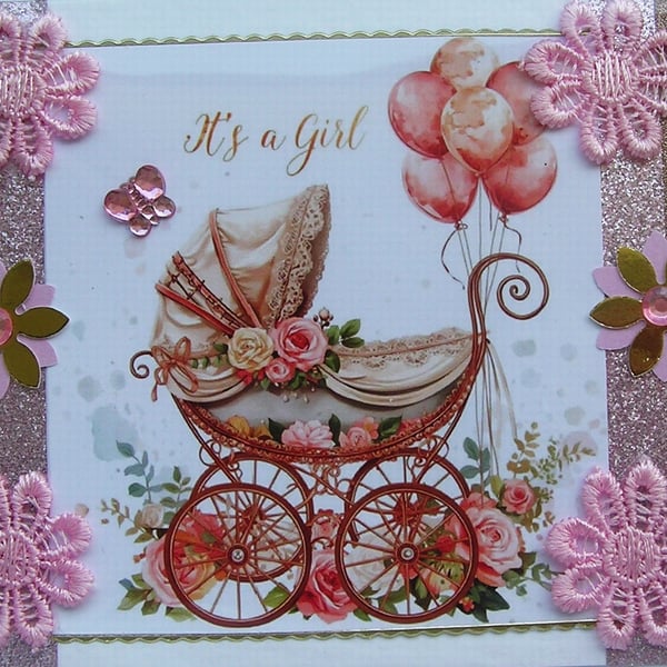 New Baby Girl - Hand Crafted 3D Decoupage Card - Its a Girl (3792)