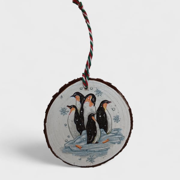 Penguins and Snowflakes Round Wooden Christmas Decoration Tree Ornament