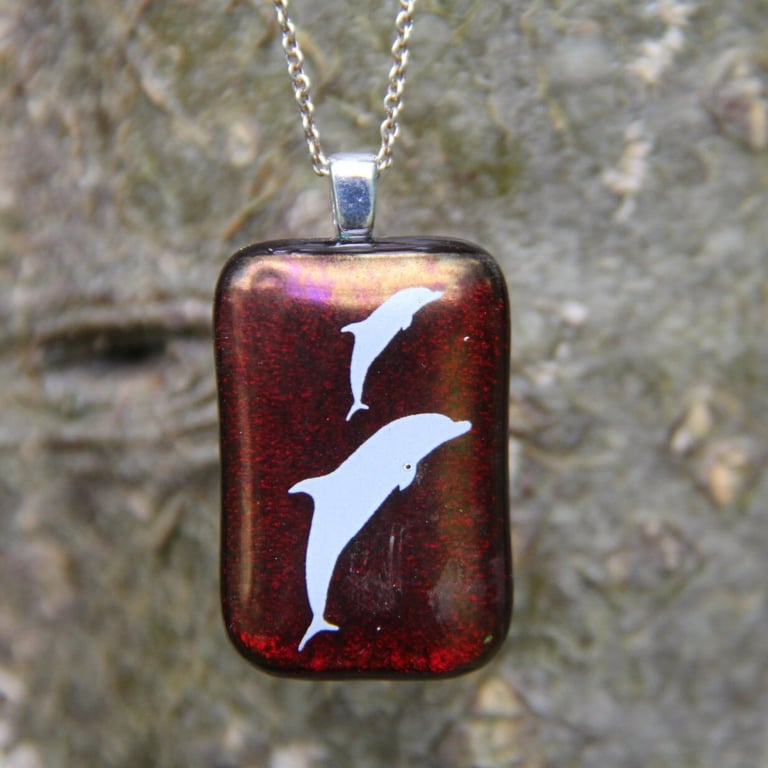 Red irid dolphin glass pendant, fused glass pendant, dolphin pendant,F35