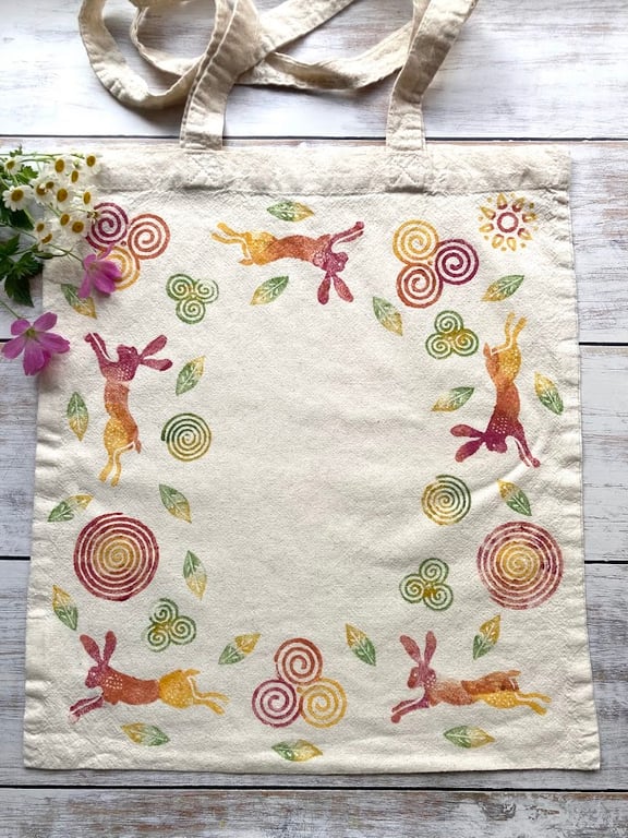 Block Printed Tote Bag Summer Solstice Hare
