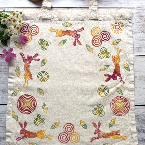 Block Printed Tote Bag Summer Solstice Hare