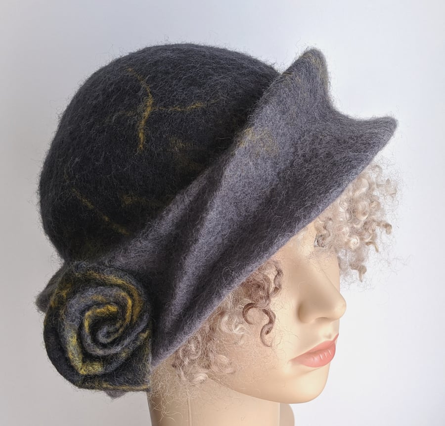 Grey and Yellow sculpted felted wool hat  - the prototype of a new design