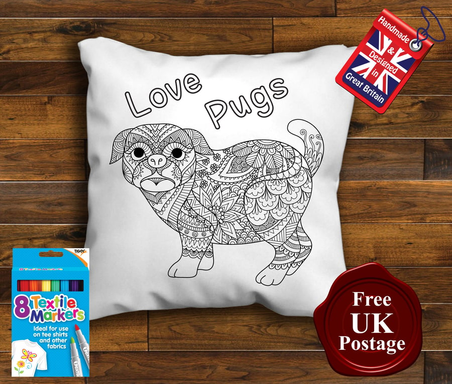 Pug Colouring Cushion Cover With or Without Fabric Pens Choose Your Size