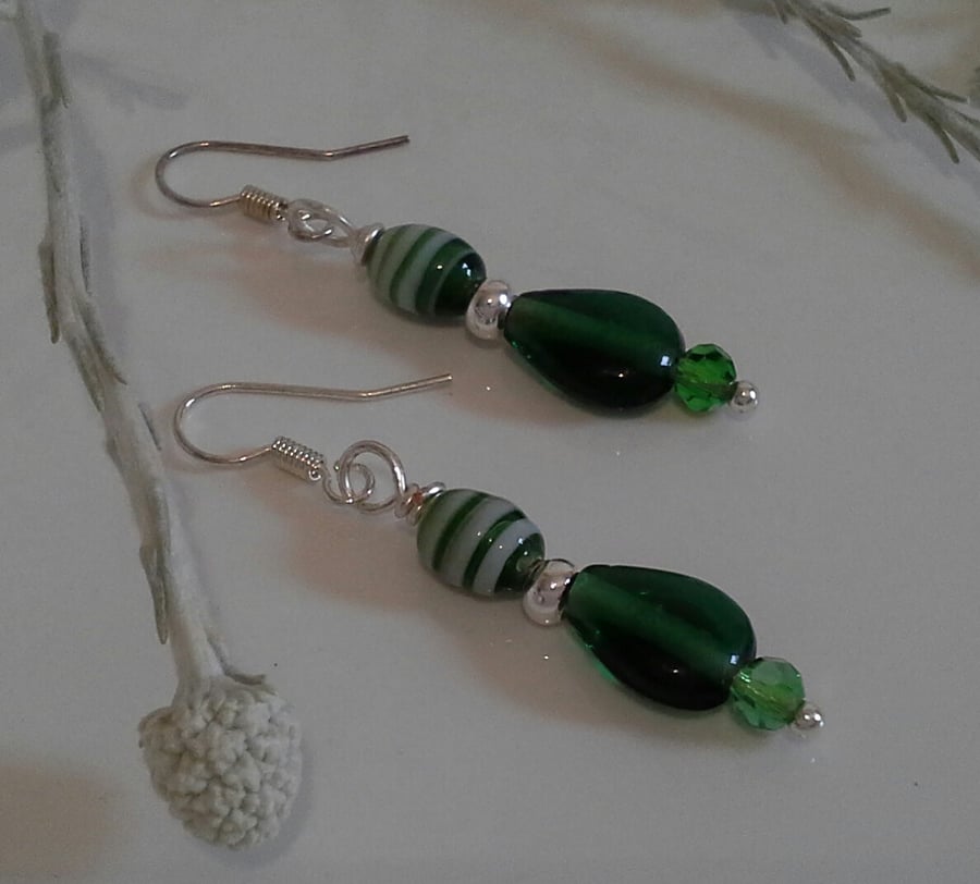 Dainty, Green Crystal & Hand Blown Decorative Glass Bead Earrings Silver Plated