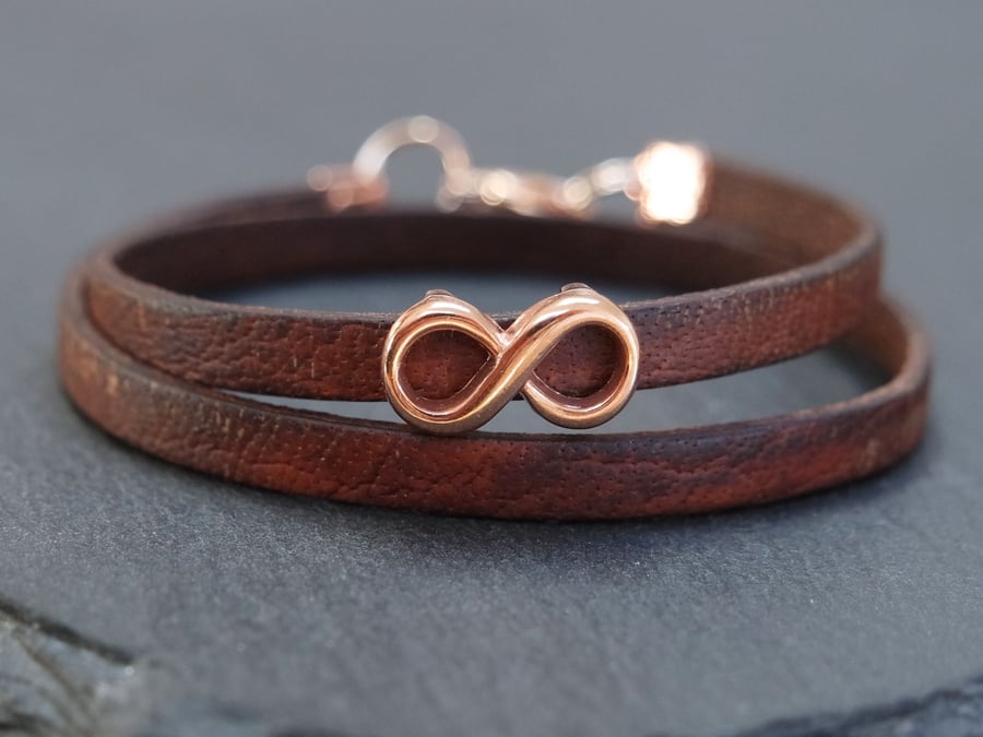 Leather wrap bracelet - infinity rose gold plated
