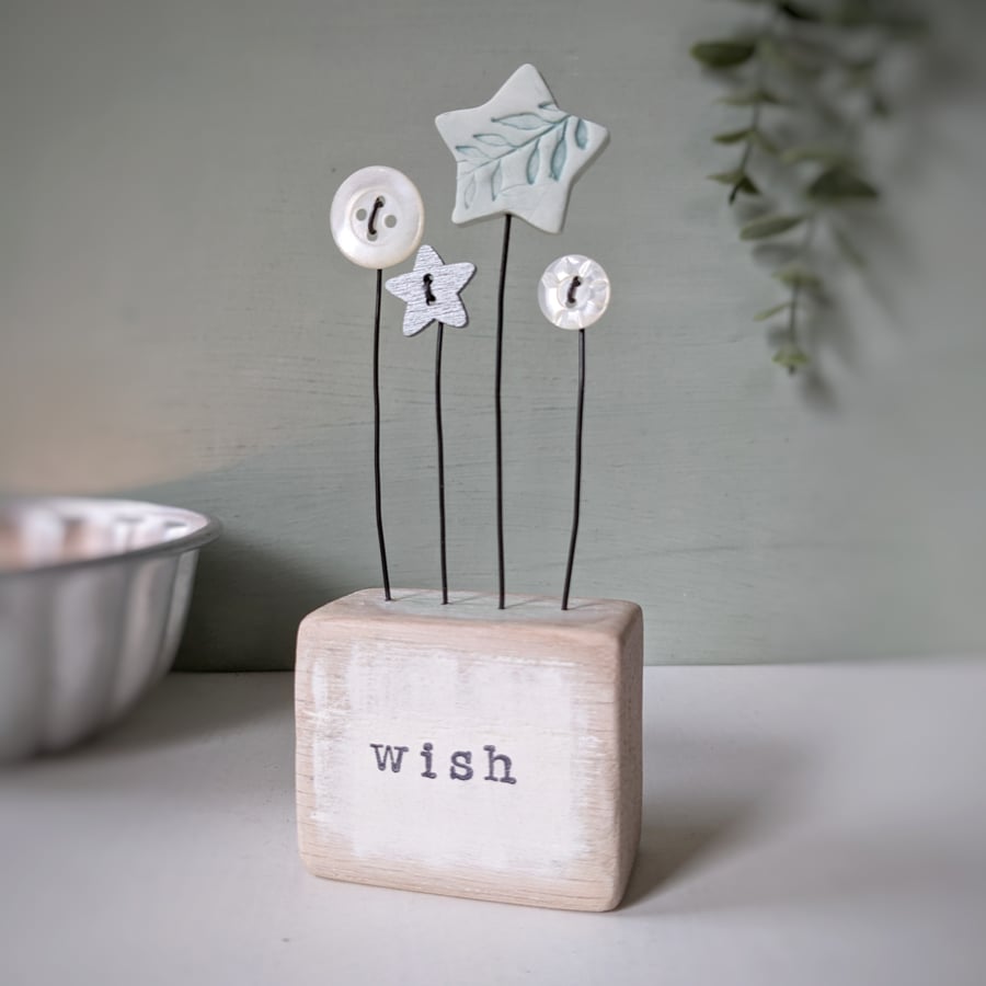 Clay Star and Buttons in a Painted Wood Block 'wish'
