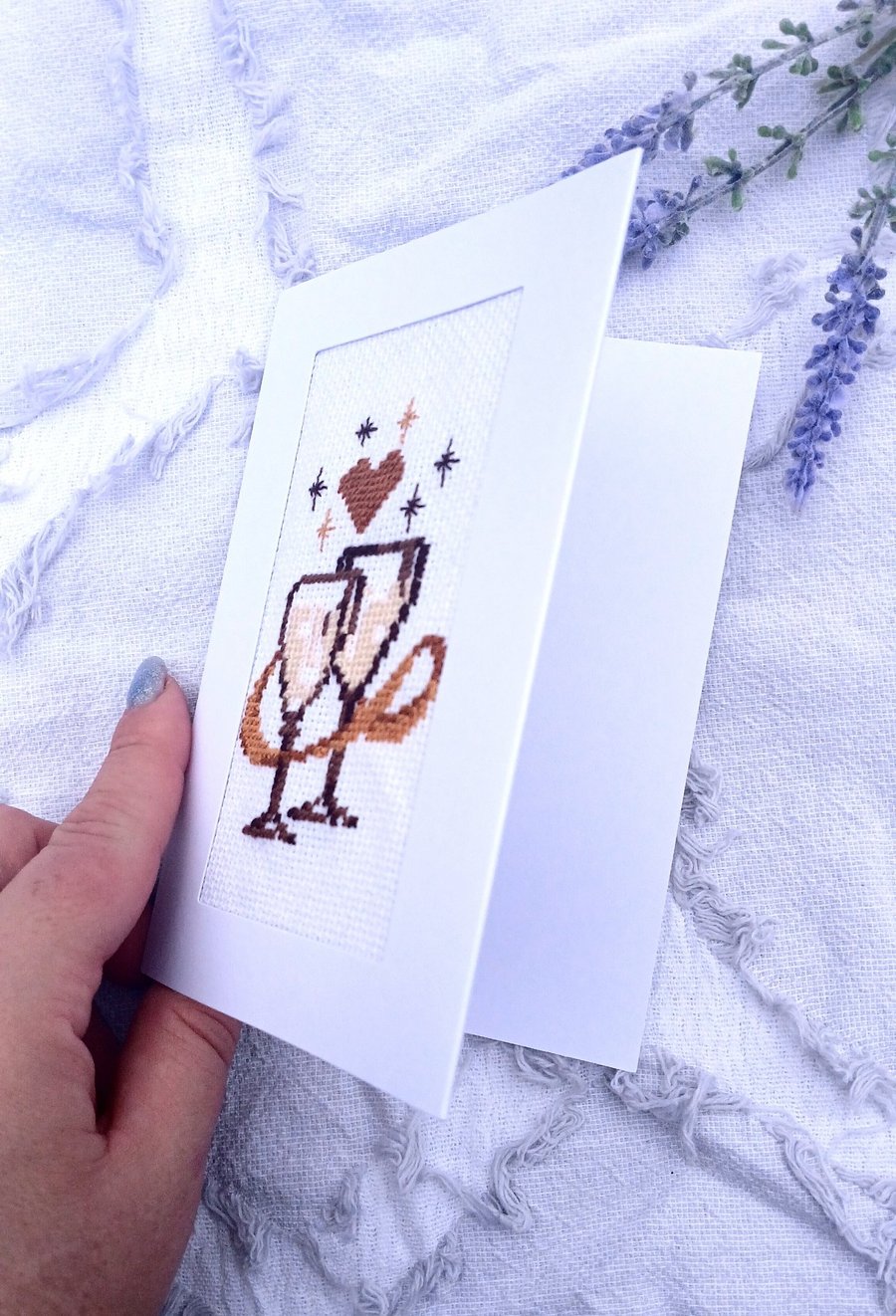 Wedding Cross Stitch Card, Hand Embroidered Anniversary Card, Champagne Glasses 