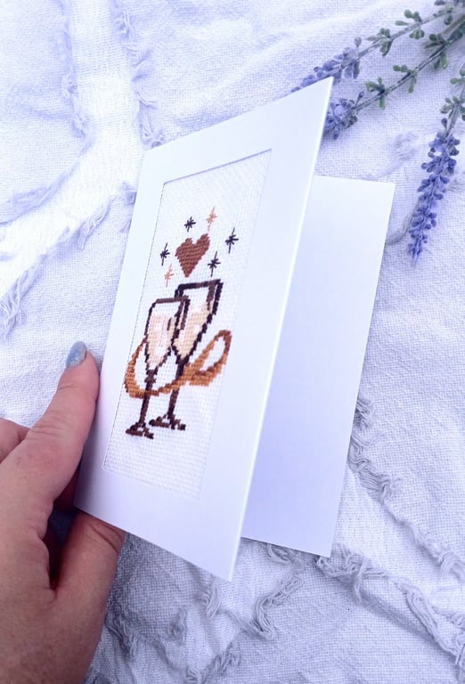 Wedding Cross Stitch Card, Hand Embroidered Anniversary Card, Champagne Glasses 