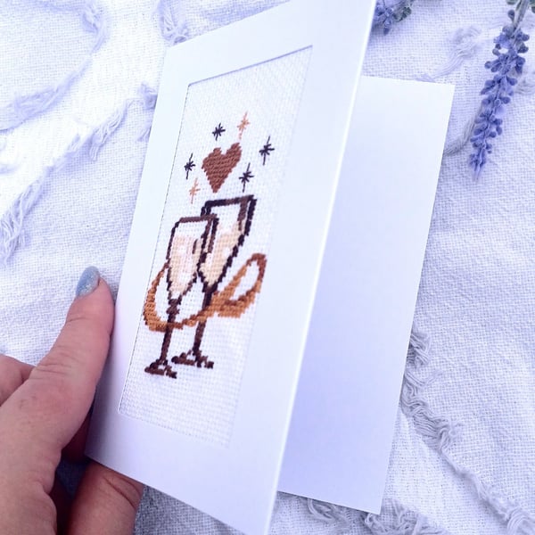 Wedding Cross Stitch Card, Hand Embroidered Anniversary Card, Champagne Glasses 