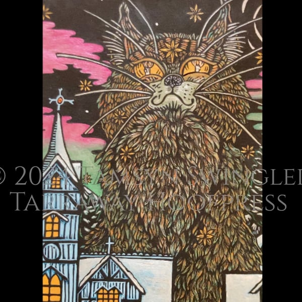 Jolakötturinn - Yule Cat - Original Lino Print, Full Colour, Limited Edition