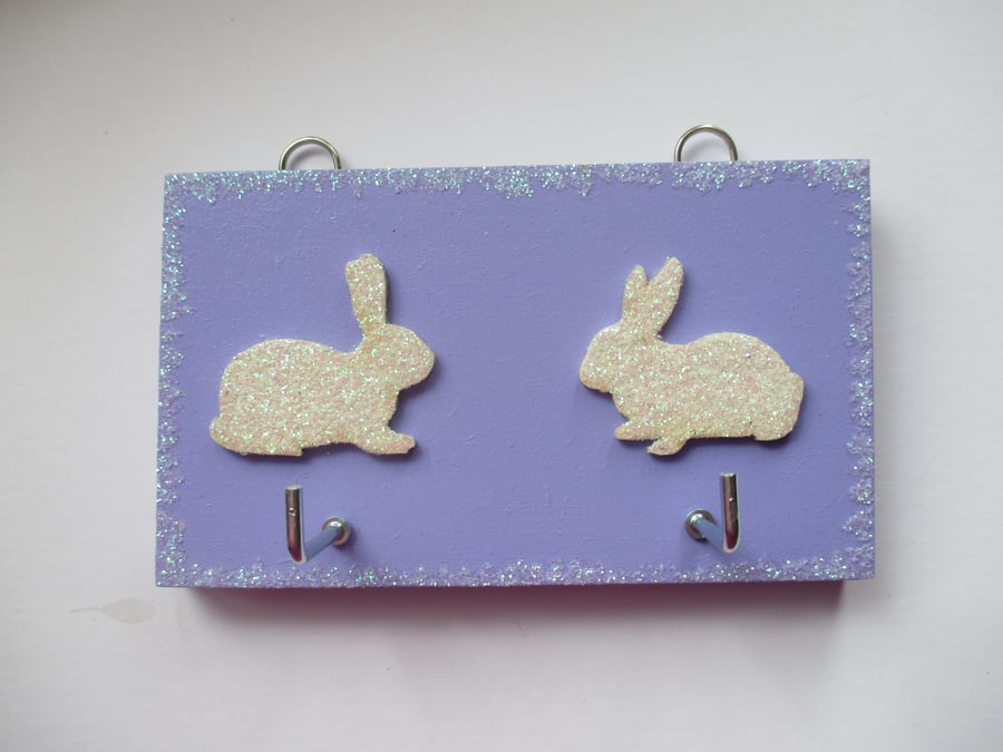 Key Rack Bunny Rabbit Glitter Original Hand Painted OOAK 2 Hooks Wood Lilac