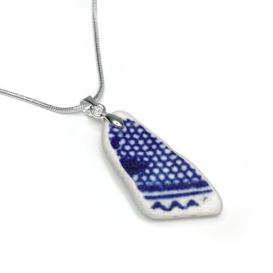 Beach Pottery Pendant - Blue Antique Scottish China Silver Necklace Jewellery