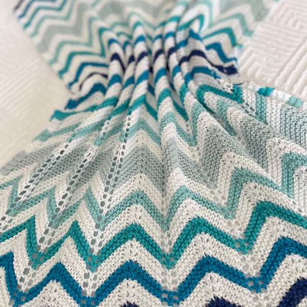Shades of blue and aqua baby blanket, hand knitted in 100% cotton yarn.