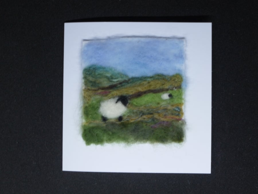 Handmade needle felted Sheep Meadow greetings card