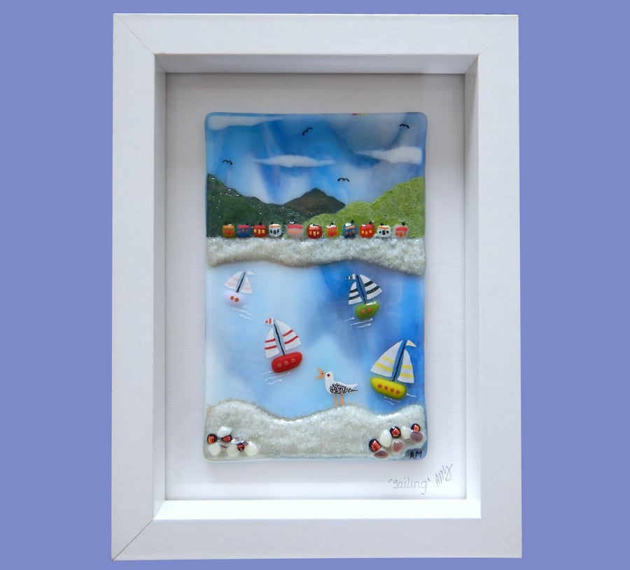 HANDMADE FUSED GLASS  'SEAGULL AND COAST' PICTURE