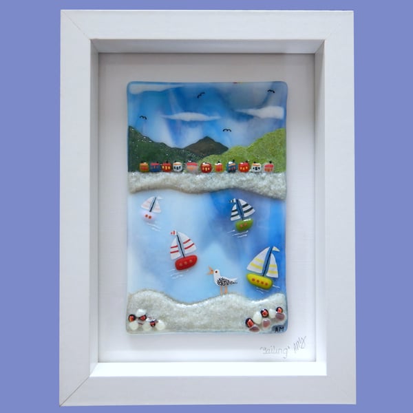 HANDMADE FUSED GLASS  'SEAGULL AND COAST' PICTURE