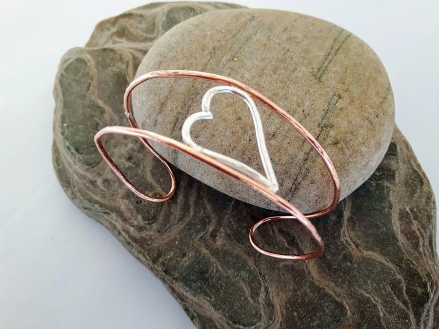 Copper Cuff Bangle with Sterling Silver Heart 
