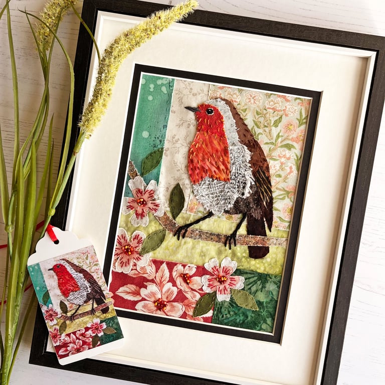 Hand sewn textile robin picture - gift for nature lover