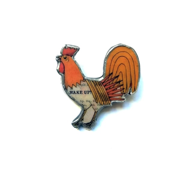 Colourful Cockerel 'Wake Up!' Resin Brooch by EllyMental