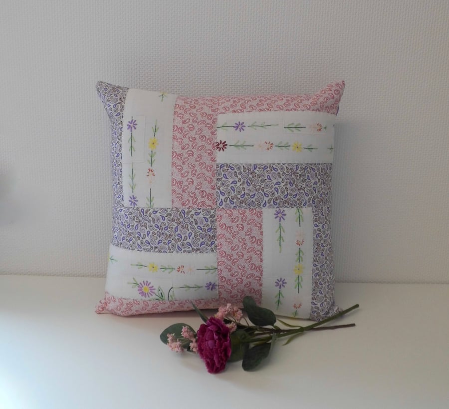 Colourful patchwork cushion with embroidery zero waste project