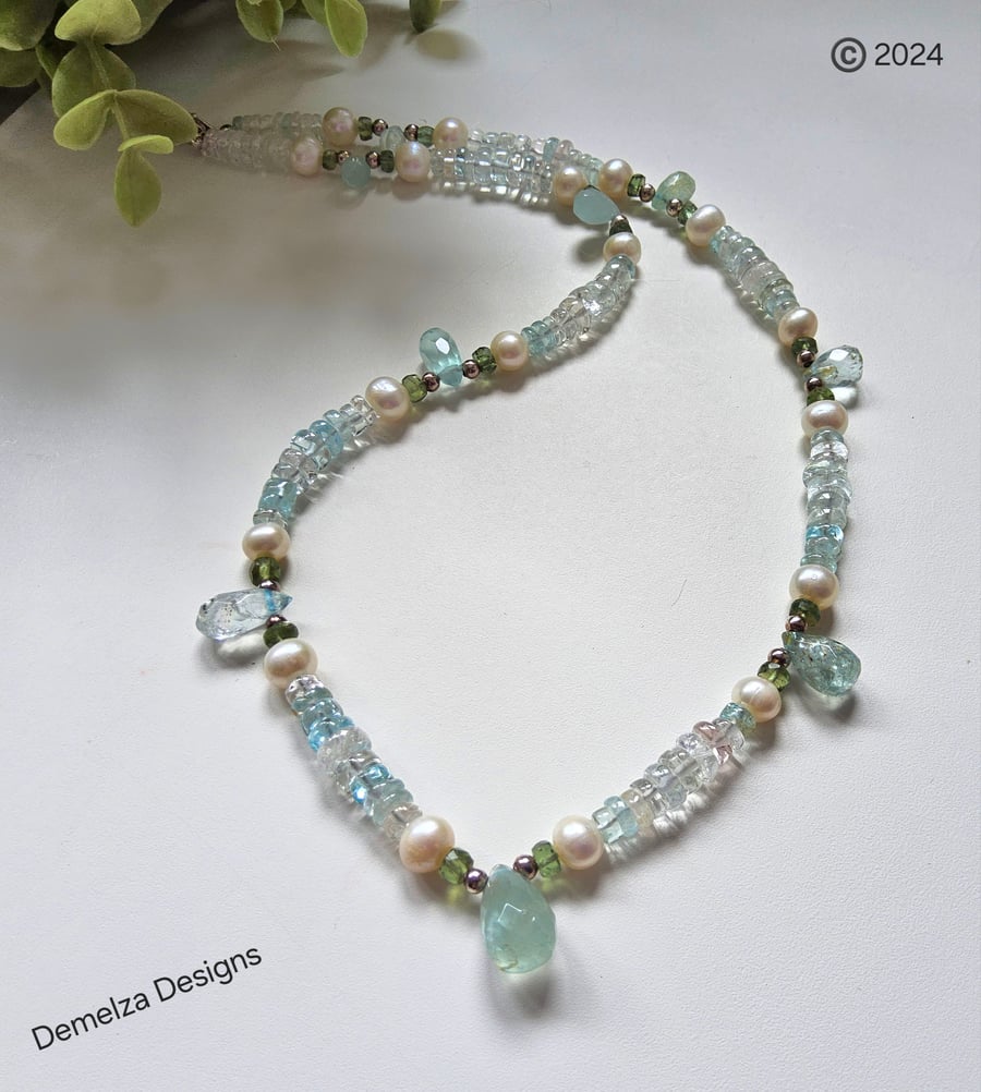 Aquamarine, Green Apatite, Freshwater Pearl Sterling Silver Necklace