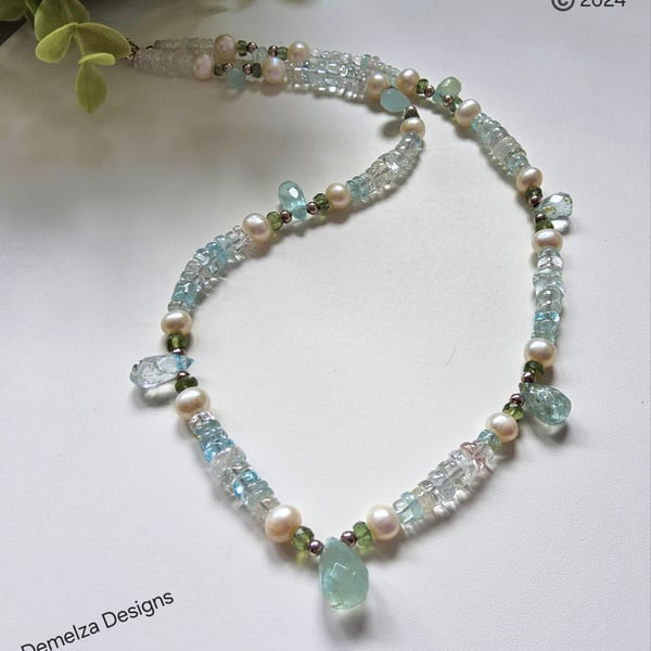 Aquamarine, Green Apatite, Freshwater Pearl Sterling Silver Necklace