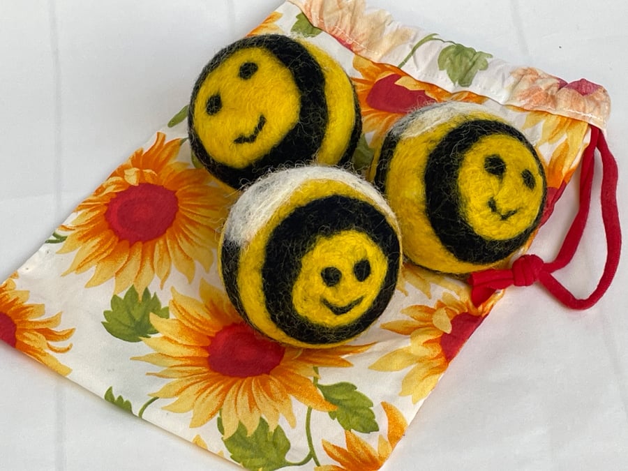 Bumble bee design Tumble dryer balls made from waste and felted wool. 