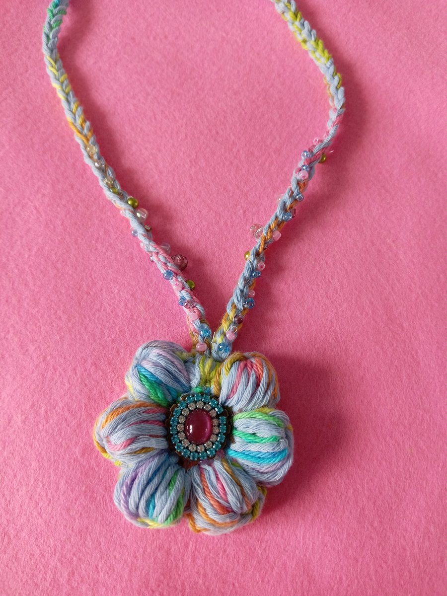 Blue Pastel Rainbow Embellished Crochet Puff Flower Pendant