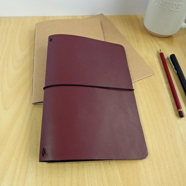 Wine Red Leather Notebook & Cover Set.  Gifts for Men. Free UK Shipping