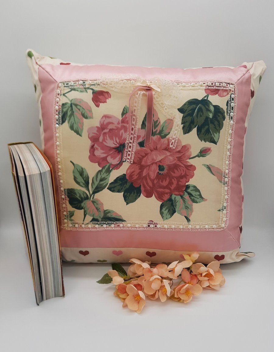 Cushion 16" cream floral,  hearts, pink satin boarder. 