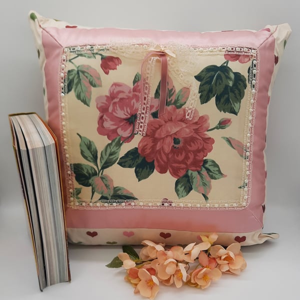 Cushion 16" cream floral,  hearts, pink satin boarder. 
