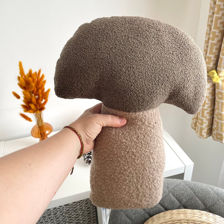 Mushroom Shaped Cushion Brown Bouclé Throw Pillow Handmade Fall Woodland Decor